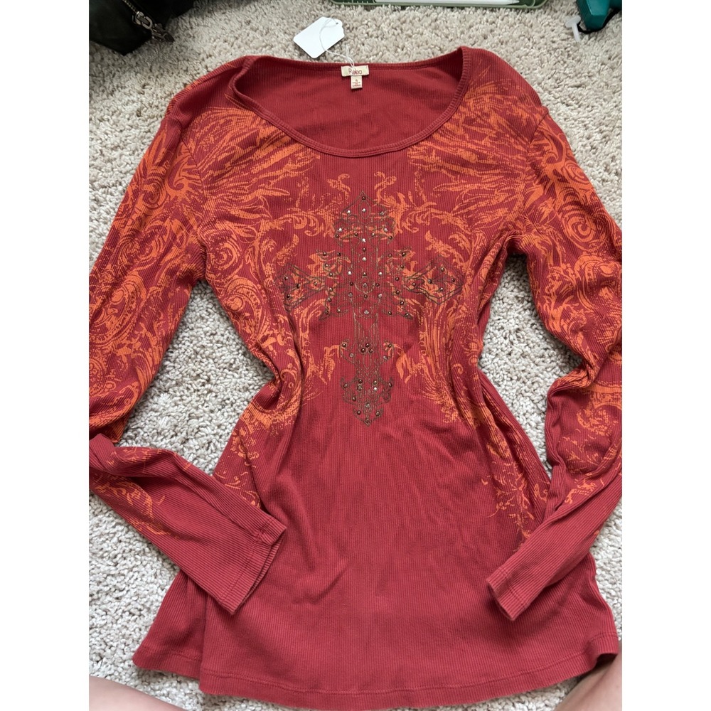 Y2K Grunge Cross Graphic Rhinestone Red Ribbed Thermal Long Sleeve Top Small